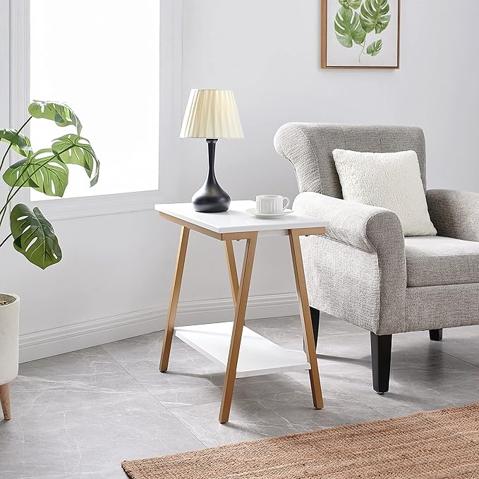 Leick Home 214312 Empiria Narrow Side Table with Shelf and Metal Frame, Wood End Table for Living Room Bedroom, White