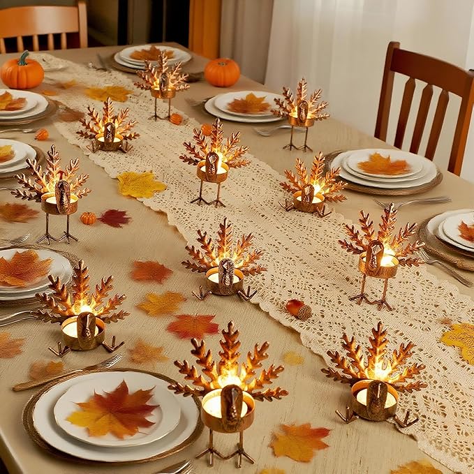 SAND MINE Metal Turkey Tea Light Candle Holders, Thanksgiving Candle Holder, Turkey Candle Holder, Metal Candle Holder, Thanksgiving Home Table Decoration (12)