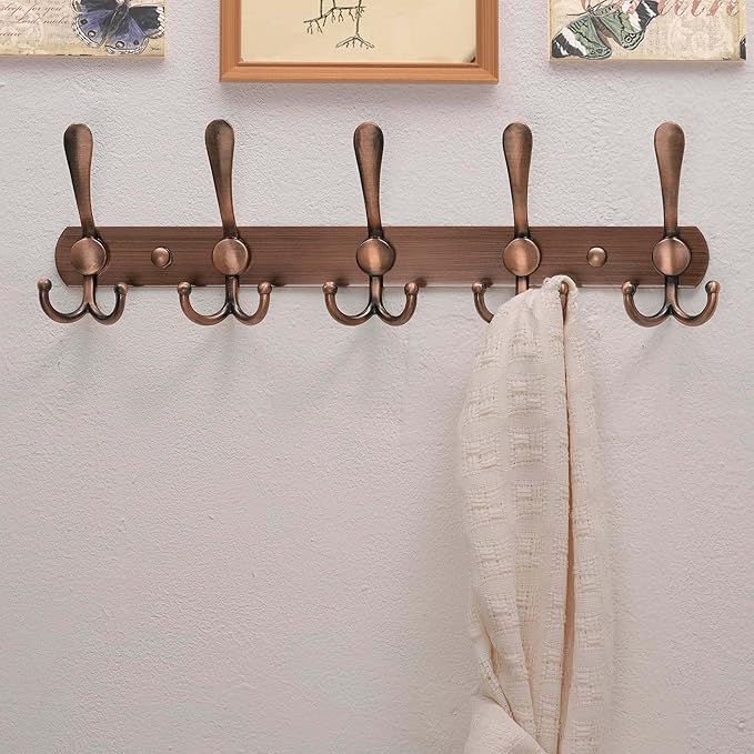 Dseap Wall Mounted Coat Rack - 5 Tri Hooks, Heavy Duty, Stainless Steel, Metal Coat Hook Rail for Coat Hat Towel Purse Robes Mudroom Bathroom Entryway,Antique Copper