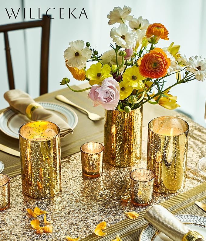 Gold Cylinder Vases for Centerpieces, Modern Glass Vase Set of 12 Decorative Hurricane Candle Holder for Pillar Candle Holders Flowers for Table Centerpiece