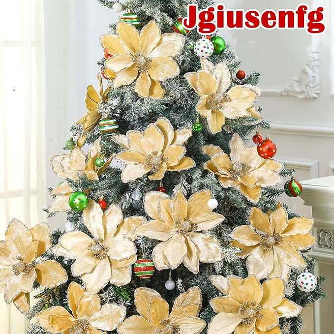 8 Pcs Large Christmas Flower Magnolia Flowers Christmas Tree Decoration Artificial Poinsettia Stems Velvet Xmas Ornaments for Xmas Tree Table Decor(Champagne,12 Inch)