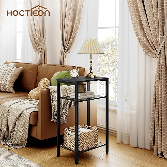 Hoctieon 3 Tier End Table, Telephone Table, Tall Side Table with Storage, Small Nightstand for Small Spaces, Metal Frame, For Living Room, Bedroom, Sofa Couch, Hall, Easy Assembly, Black