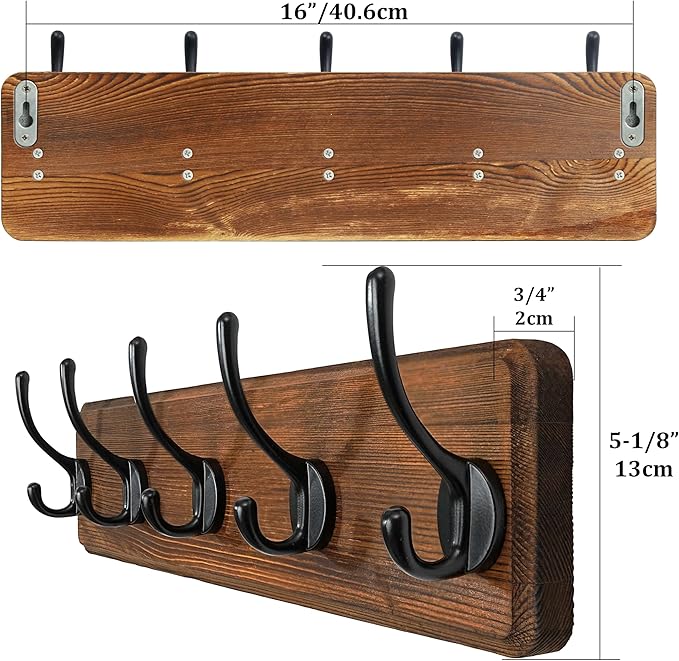 WEBI Coat Rack Wall Mount,Coat Hooks Wall Mounted,16" Hole to Hole,Rustic Large Coat Hanger Wall Hook Rack,5 Hooks for Hanging Coats,Hats,Jacket,Clothes,2 Packs