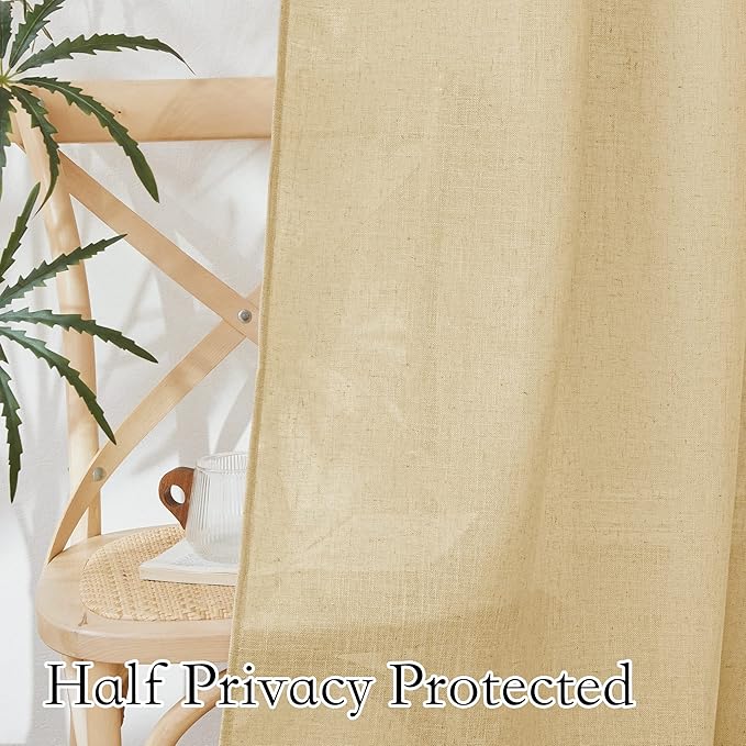 RYB HOME Sheer Curtains 108 inches Long, Linen Textured Wave Semi Sheer Privacy Curtains for Bedroom Living Room High Ceiling Window Decor, Sand, W 52 x L 108, 1 Pair