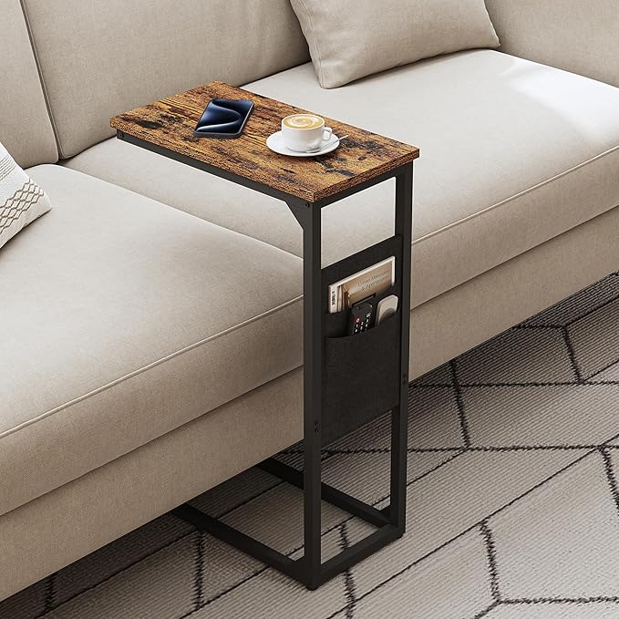 TUTOTAK C Shaped End Table, Side Table for Couch, Sofa Table with Storage Bag, TV Tray for Living Room, Bedroom, Brown TB01BB082