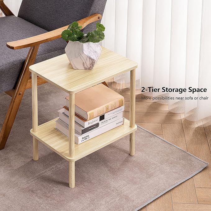 Apicizon 2 Tier End Table Set of 2, Small Side Table with Solid Wood Legs, Boho Bedside Table with Storage Shelf, Nightstand for Small Spaces, Bedroom, Living Room, Entryway, Light Natural