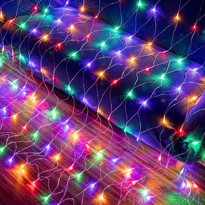 AWQ 200 LED 9.8ft x 6.6ft String Net Mesh Lights 8 Modes for Christmas Wedding Party Home Garden Lawn Bushes Indoor Outdoor Decor (Multicolor)