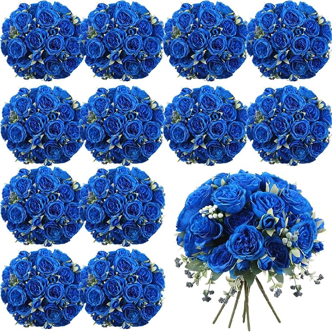 Geosar 16 Bundles Artificial Peonies Flowers Fake Silk Peony Bouquet Faux Peonies Flowers Bulk for Decoration Vase Floral Arrangements Wedding Party Table (Royal Blue)