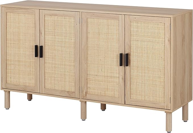 Finnhomy 4 Door Sideboard Buffet Cabinet, Kitchen Storage Cabinet with Rattan Decorated Doors, Cupboard Console Table, Boho Accent Liquor Cabinet for Home Bar, 62.3X 15.7X 34.6 Inches, Natural