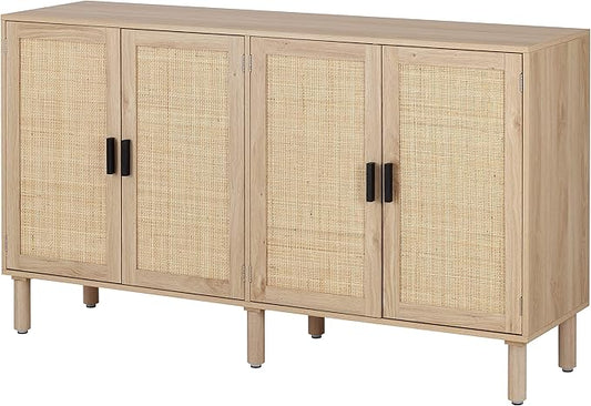 Finnhomy 4 Door Sideboard Buffet Cabinet, Kitchen Storage Cabinet with Rattan Decorated Doors, Cupboard Console Table, Boho Accent Liquor Cabinet for Home Bar, 62.3X 15.7X 34.6 Inches, Natural