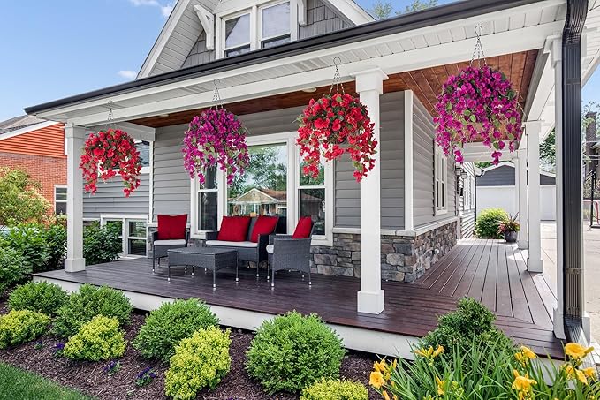 Artificial Fake Hanging Hibiscus Flowers Plants Baskets for Outdoor Decoration, Faux Silk Hibiscus Long Vines in Planter UV Resistant Realistic Flowers for Outside Porch Patio Home Decor(Purple 2)