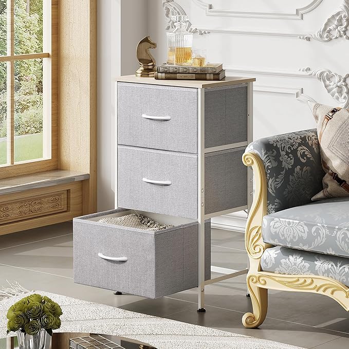 WLIVE Nightstand with 3 Drawers, Fabric Dresser, Organizer Unit, Storage Dresser for Bedroom, Hallway, Entryway, Closets, Sturdy Steel Frame, Wood Top, Easy Pull Handle, Light Grey