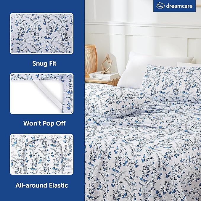 DREAMCARE Full Size Bed Sheets - Luxurious Floral Full Sheet Set - 4 Pc Ultra Soft Breathable Wrinkle Free Brushed Microfiber Floral Blue