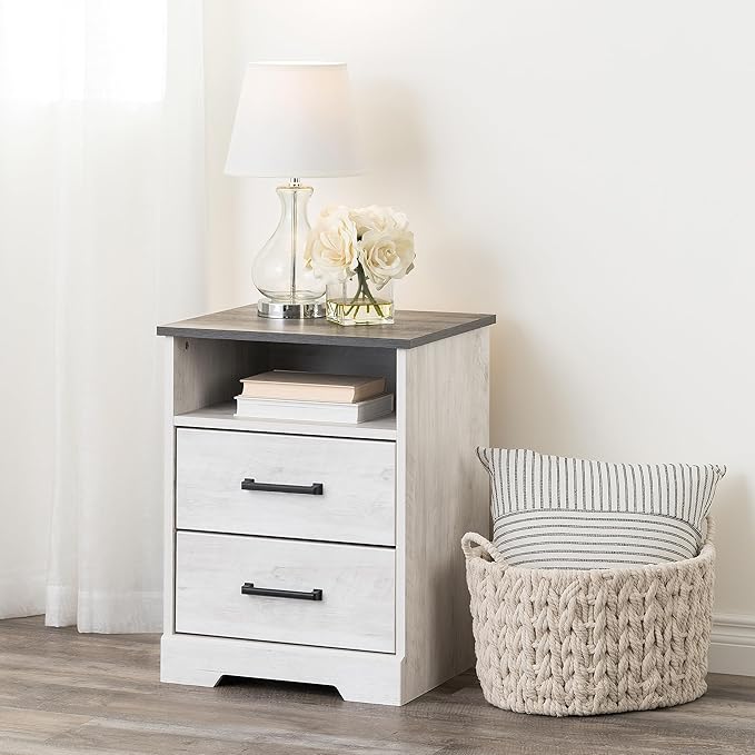 Prepac Rustic Ridge Farmhouse Bedroom Nightstand with 2 Drawers and an Open Cubby, Wooden Bedside Table for Bedroom, Office, or Living Room, 16.25in x 18.75in x 24.5in, Washed White