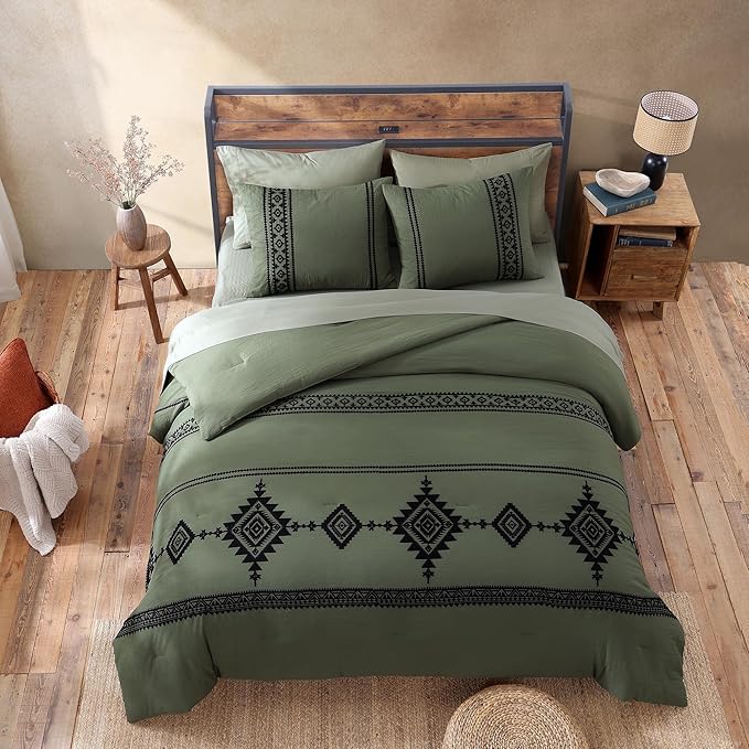 MaiRêve Embroidery Comforter Sets King Size Olive Green - 7 Pieces, Farmhouse Western Bedding Comforter Set, All Season Bed in A Bag King with Sheets, Comforters, Pillowcases & Shams
