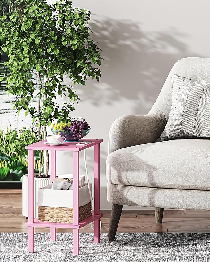 TUTOTAK End Table with Charging Station, Small Side Table with Outlets, Nightstand Bedside Table, 2-Tier Storage Shelf for Small Space, Living Room, Bedroom, Pink TB01BP040