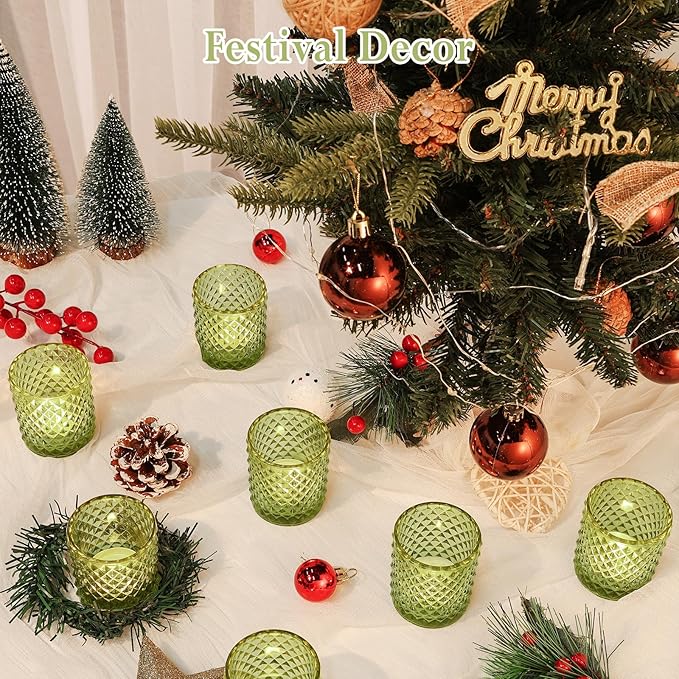 24 Pcs Votive Candle Holders for Wedding, Olive Green Glass Tea Lights Candle Holders for Party Table Decor, Candle Holders Bulk Baby Shower, Vintage Green Depression for Table Centerpiece
