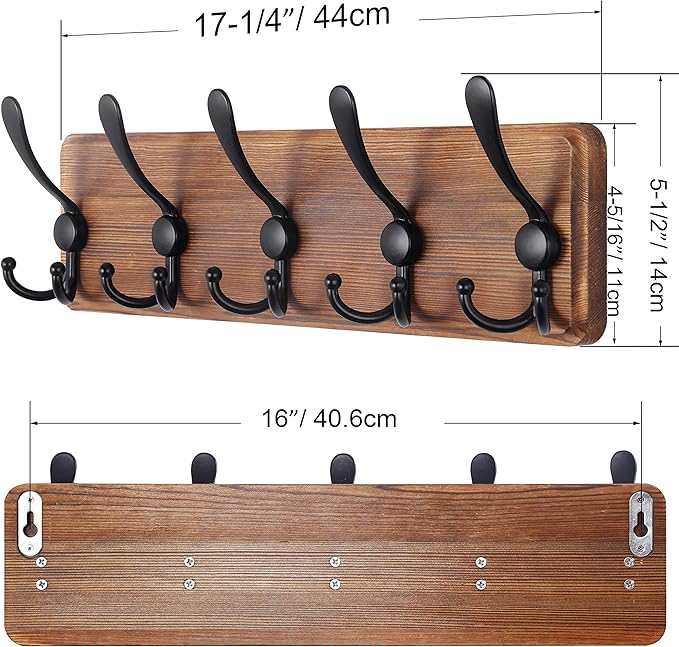SKOLOO Rustic Wall Mounted Coat Rack: 16" Hole to Hole, Pine Real Wood Plank Wall Coat Rack with 5 Triple Hooks, Farmhouse Coat Hanger Wall Mount for Hanging Backpack Jacket Coat Hat,Pack of 2