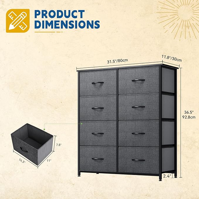 DWVO Fabric Dresser for Room, Tall Storage 8 Drawers, Black Dresser & Chest of Drawers, Storage Drawer Organizer for Closet, Living Room