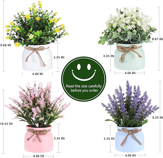 Fake Potted Plants - 4pcs Artificial Plants & Flowers in Macaron Pot Small Faux Plants Indoor Fake Plant Decor, Desk Plant for Home Bathroom Kitchen Shelf Office Decor