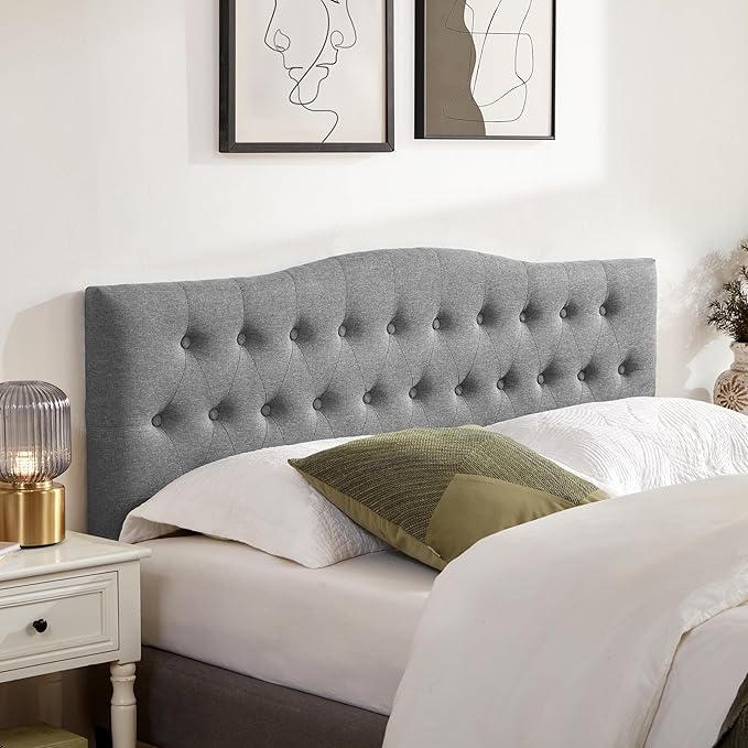 Tufted Upholstered Headboard King Size, Sturdy and Durable Solid Wood Bed headboard, Fabric Headboard Adjustable Height from 37” to 51”, Modern Button Diamond Design Head Board, Grey