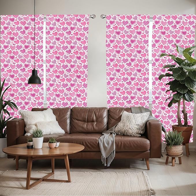 Ambesonne Valentines Window Curtains Pack of 2, Romantic Heart Shapes with Many Different Designs Polka Dots Crossed Lines, Lightweight Set with Rod Pocket, 4 Panels of - 28" x 95", Pink White