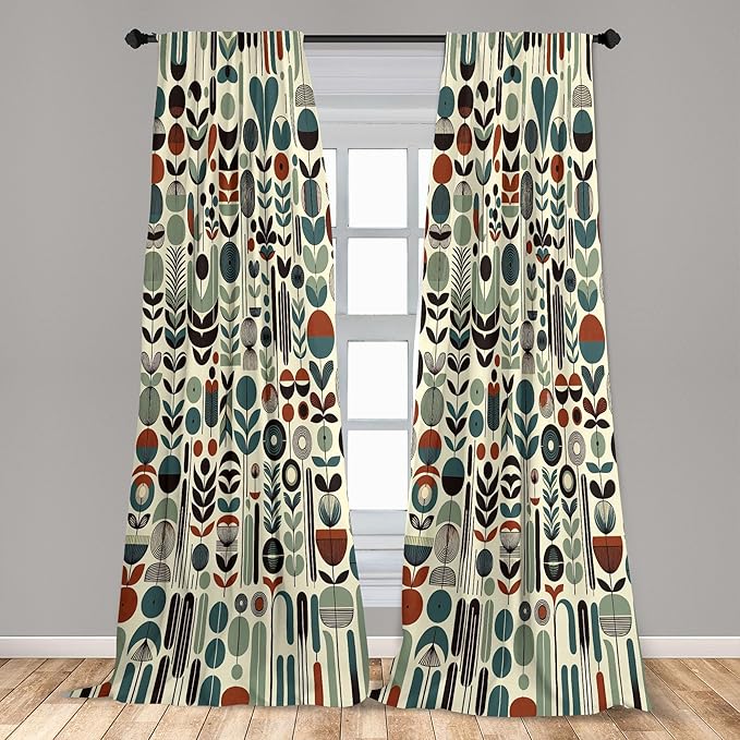 Ambesonne Leafy Art Window Curtains Pack of 2, Scandinavian Leaves Pattern with Geometric Roundy Modern Boho Print, Lightweight Set with Rod Pocket, 4 Panels of - 28" x 63", Pale Green Redwood Teal
