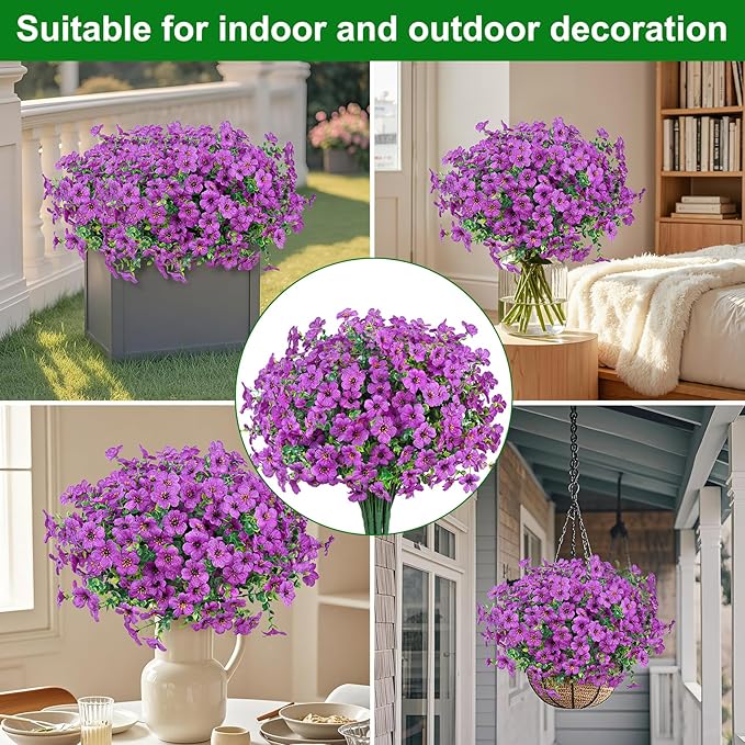 Ouddy Decor 24 Bundles Artificial Flowers for Outdoors Fake Silk Flowers UV Resistant Faux Plastic Plants for Spring Summer Garden Porch Window Box Table Vase Home Indoor Outdoor Decoration, Purple