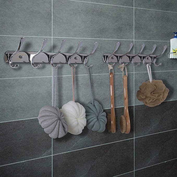 SKOLOO Coat Rack Wall Mount - Modern, Metal Wall Coat Rack with 5 Hooks, Pack of 2, Sturdy Wall Hook Rack Rail for Hanging Coat, Jacket, Clothes, Hat, Silver