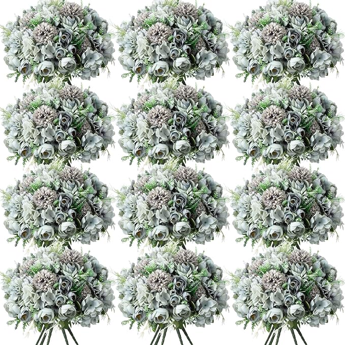 Tigeen 12 Bundles Peonies Artificial Flowers Faux Roses Silk Flowers Hydrangea Artificial Bouquet for Wedding Table Centerpiece Floral Vase Home Office Bridal Decor (Pastel Blue)