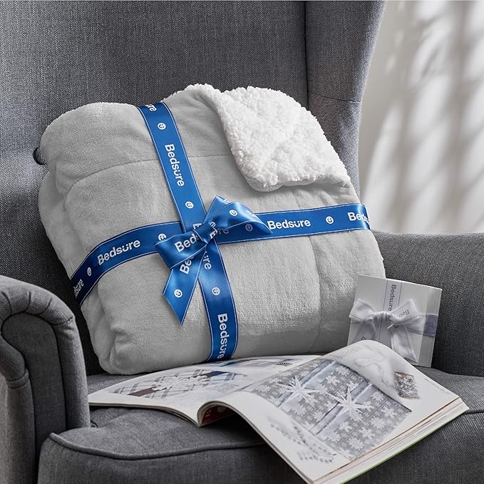 Bedsure GentleSoft Sherpa Fleece Throw Blanket Twin Size for Couch - Thick and Warm Throw for Women and Men, Soft Fuzzy Plush Twin Blanket for Winter, Light Grey, 60x80 Inches