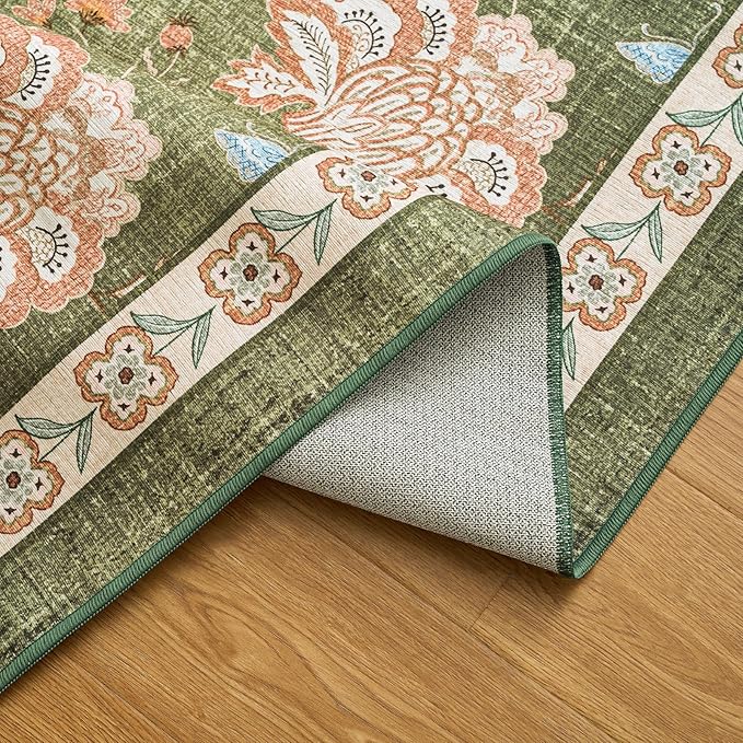 jinchan 8x10 Floral Rug for Living Room Washable Bedroom Rug Vintage Romance Design Non Slip Thin Indoor Floor Cover Large Low-Profile Throw Carpet for Dining Room Office, Green