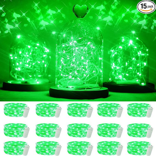 15 Packs 20 Led Green Fairy Lights Battery Operated St Patricks Day Lights 6.6ft Silver String Lights Waterproof Firefly Starry Light for DIY Table Centerpieces Halloween Christmas Party