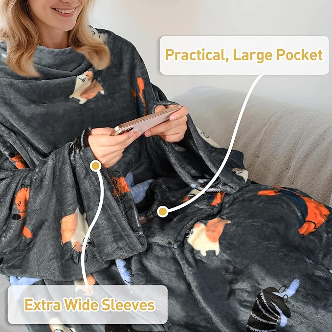 Catalonia Wearable Fleece Blanket with Sleeves and Foot Pockets for Adult Women Men, Micro Plush Comfy Wrap Sleeved Throw Blanket Robe Large, Gray Dog