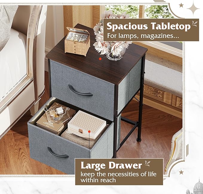 WLIVE Nightstand, Nightstand with 2 Drawers, Bedside Furniture, Night Stand, Small Dresser for Bedroom, College Dorm, End Table with Fabric Bins, Dormitory, Dark Grey, Size L