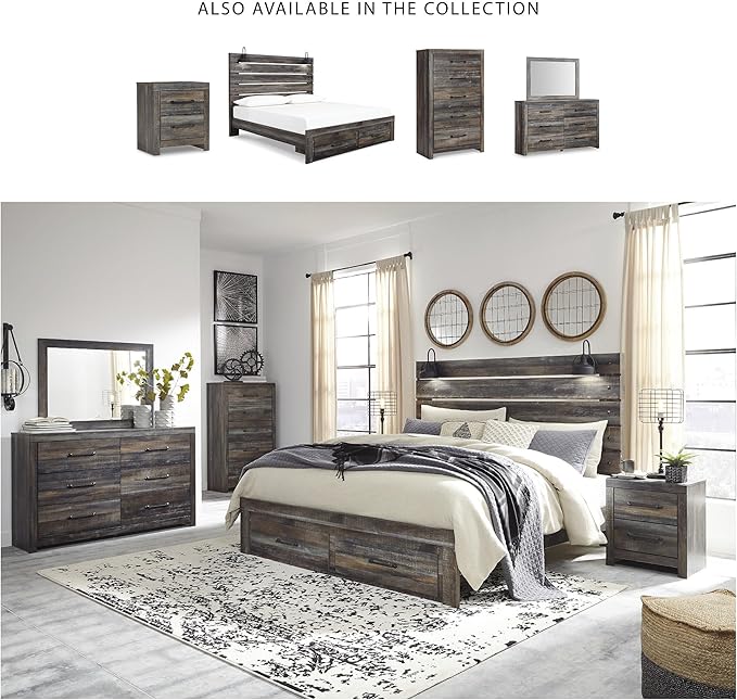 Signature Design by Ashley Drystan Rustic Industrial 2 Drawer Nightstand with 2 Slim-Profile USB Charging Stations, 24.37" Tall, Weatherworn Brown