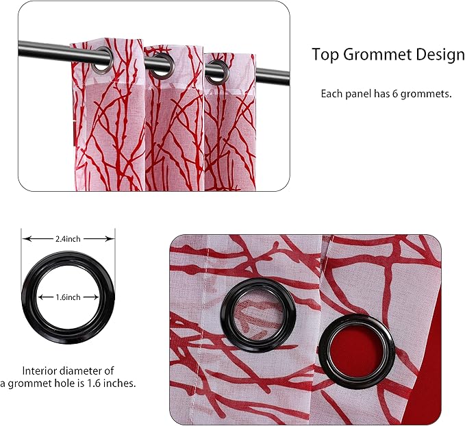 BONZER Mix and Match Curtains - 2 Pieces Branch Print Sheer Curtains and 2 Pieces Blackout Curtains for Bedroom Living Room Grommet Window Drapes, 37x84 Inch/Panel, Red, Set of 4 Panels
