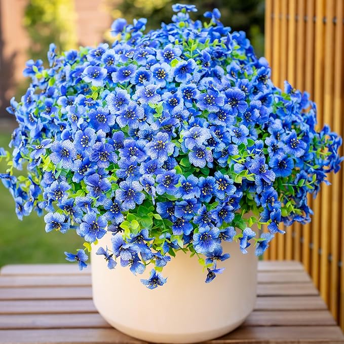 Artificial Flowers for Outdoors Fake Plants - 16 Bundles Faux Outside Greenery Boxwood No Fade Plastic Shrubs Fall Decor Farmhouse Home Garden (Blue)