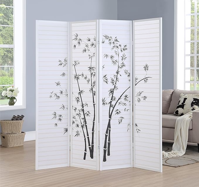 Roundhill Bamboo Print 4-Panel Framed Room Screen/Divider, white