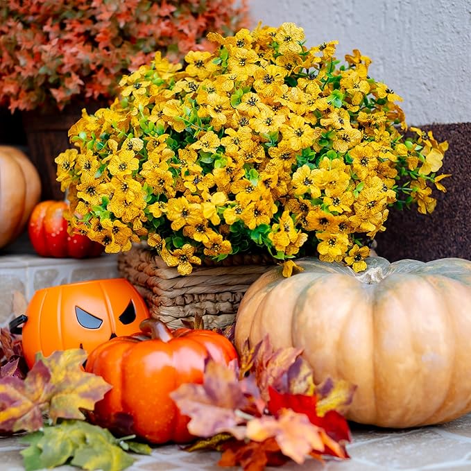 Artificial Fall Flowers for Outdoors Fake Mums - 16 Bundles Faux Plants Outside Greenery Boxwood No Fade Plastic Shrubs Decor Farmhouse Home Garden Thanksgiving (Yellow)