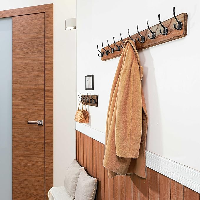 WEBI Coat Rack Wall Mount,Coat Hooks Wall Mounted,16" Hole to Hole,Coat Hanger Wall,Hook Rack Rail,5 Hooks for Hanging Jacket,Clothes,Hats,Rustic Brown