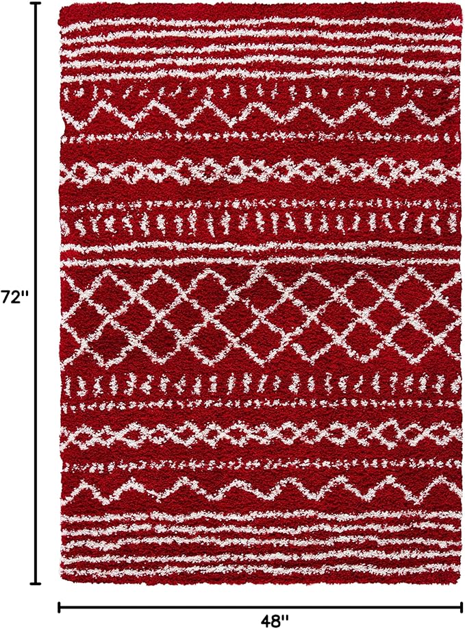SAFAVIEH Arizona Shag Collection Accent Rug - 4' x 6', Red & Ivory, Moroccan Design, Non-Shedding & Easy Care, 1.6-inch Thick Ideal for High Traffic Areas in Entryway, Living Room, Bedroom (ASG741Q)