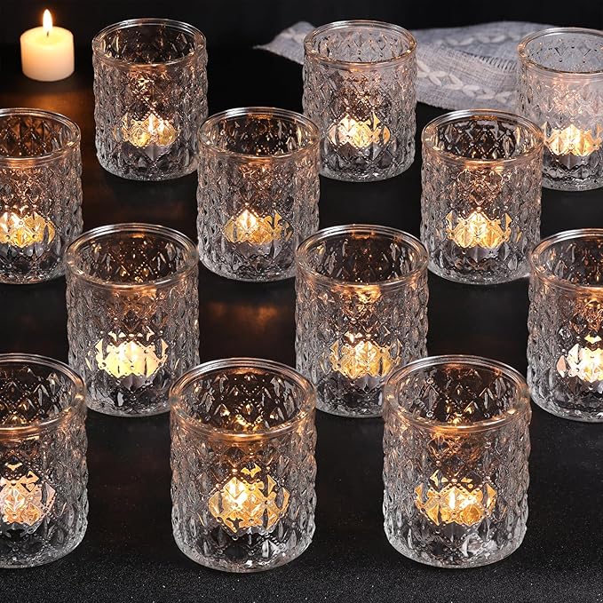 12Pcs Large Votive Candle Holders 2.8 * 3.2in Clear Tea Light Candle Holders Glass Candle Holder for Bridal Shower, Wedding, Table Centerpiece, Party, Home Decor