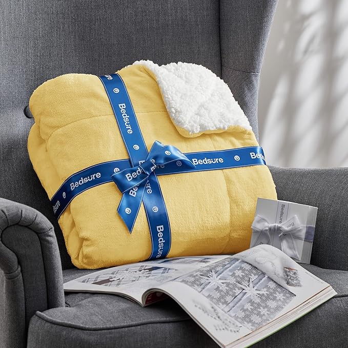Bedsure GentleSoft Sherpa Fleece Blankets King Size for Bed - Thick and Warm Throw for Women and Men, Soft Fuzzy Plush King Blanket for Winter, Yellow, 108x90 Inches