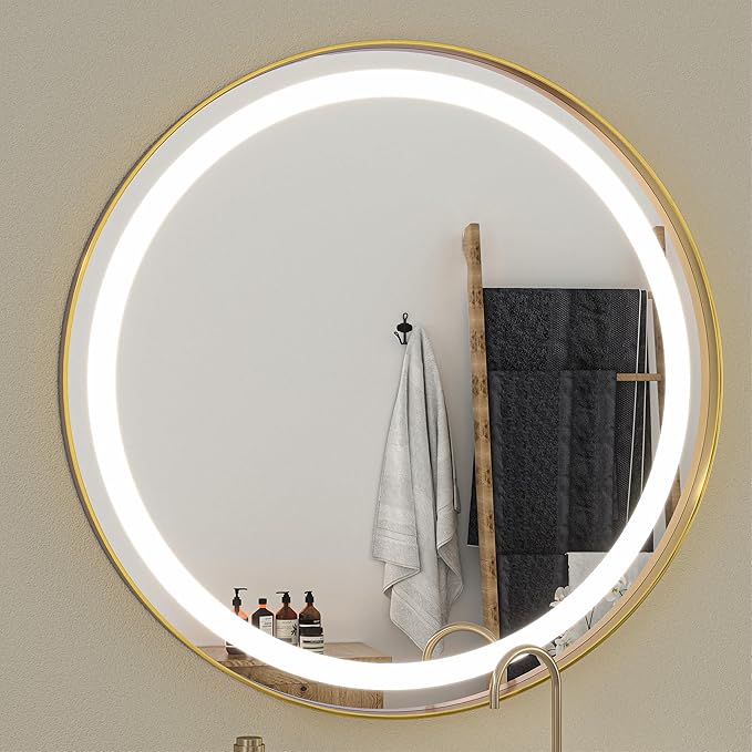 Hasipu 24 Inch Round LED Mirror for Bathroom with Lights, Gold Circle Vanity Mirror for Wall, Metal Framed Frontlit Bathroom Lighted Mirrors Anti-Fog, Dimmable, 3 Colors Makeup Mirror Wall Mounted