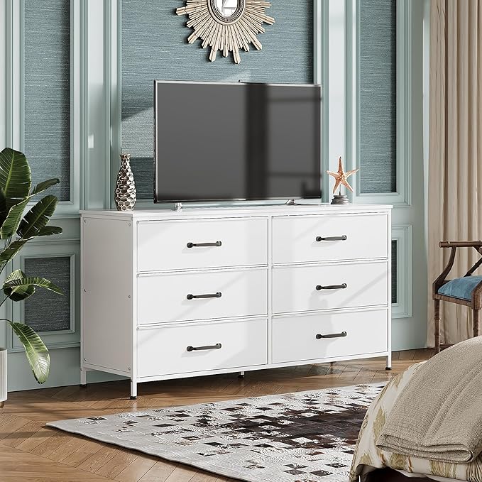 WLIVE 6 Drawer Dresser for Bedroom Large, Fabric White Dresser TV Stand for 50, 55, 60 inch TV, Wide Long Chest of Drawers with Deep Drawer for Closet, Bedroom, Living Room, Hallway