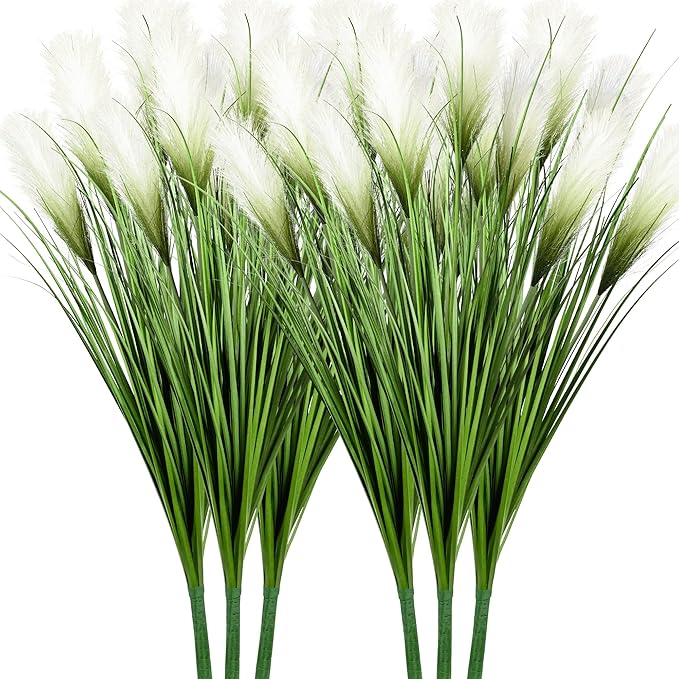 Vlorart 33" Artificial Plants 6 Pack Onion Tall Grass Greenery, Faux Fake Grass Shrubs Plant Flowers Wheat Grass for House Home Indoor Outdoor Office Room Gardening Indoor Décor-White