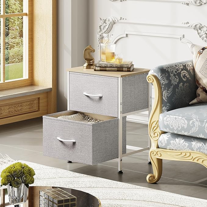 WLIVE Night Stand, Gray Nightstand with 2 Fabric Drawers, Small Dresser for Bedroom, Closet, College Dorm, End Table Side Furniture, Wood Top, Light Grey