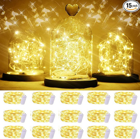 SmilingTown 15 Packs 20 LED Fairy Lights Battery Operated - 6.6FT Silver Copper Wire Waterproof Starry String Light for DIY Party Christmas Costume Wedding Easter Table Decorations (Warm White)