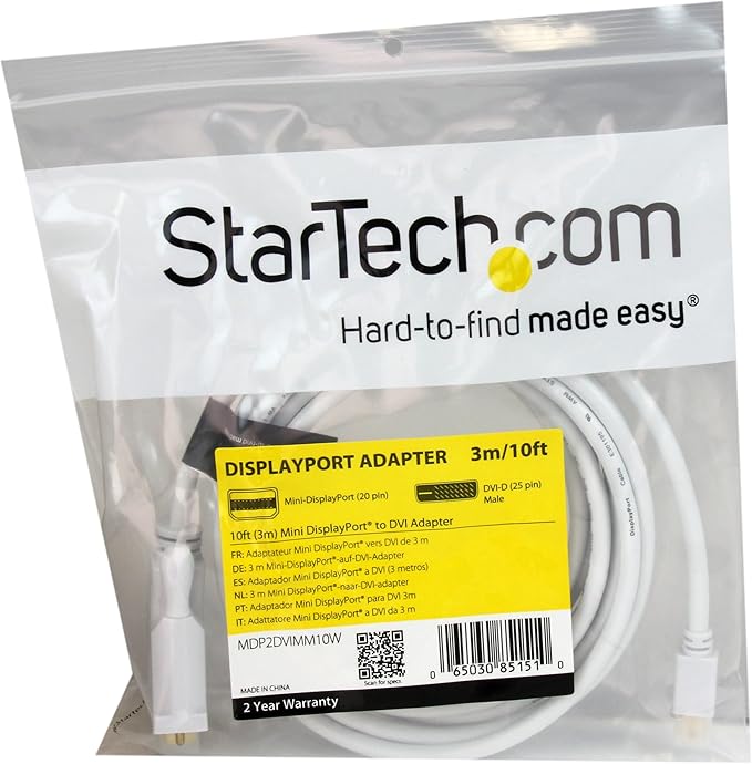 StarTech.com 10ft Mini DisplayPort to DVI Adapter Cable - Mini DP to DVI Video Converter - MDP to DVI Cable for Mac/PC 1920x1200 - White (MDP2DVIMM10W)